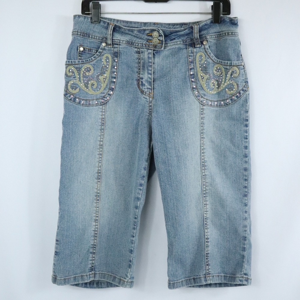 R.V.T Y2K Blue Denim Capris Embroidered Rhinestone Y2K Juniors Size 11